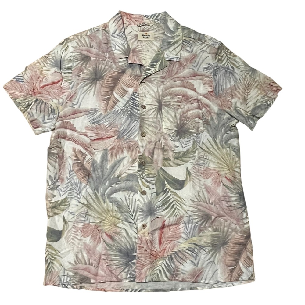 Marine Layer Mens Small Tropical Palm Print Camp Shirt Tencel Linen Button Down